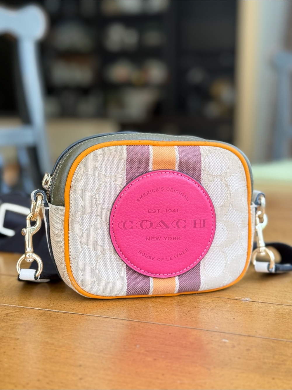 Coach Signature Canvas Crossbody with Pink Logo Patch and Orange Trim